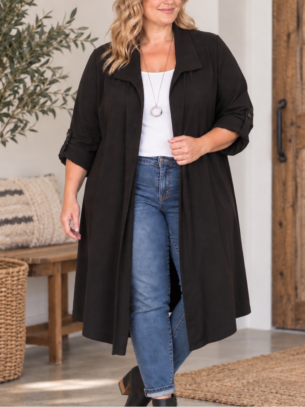 Torrid Size 4 Black Longline Duster Cardigan Roll Tab Sleeve Open Front